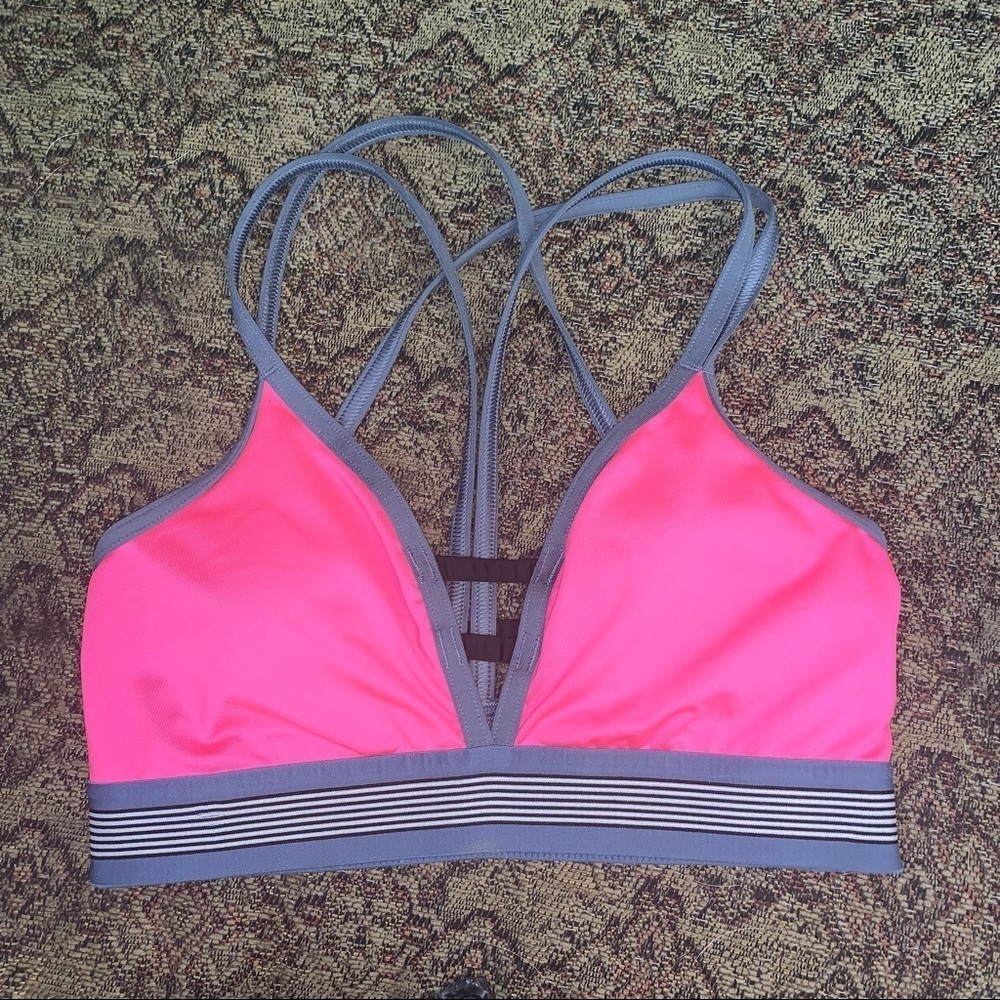 VSX Sports Bra, pink & gray strappy sport bra